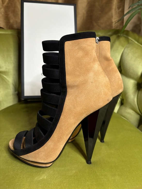 Gucci Shoes - Gucci Brown/Black Suede and Fabric Olimpia Strappy Ankle Boots Size 38